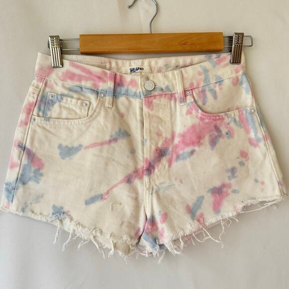 Grlfrnd Women Cindy Shorts Size 24 Sugaree Tie Dye White Denim Pink Raw Hem Jean - Picture 2 of 11